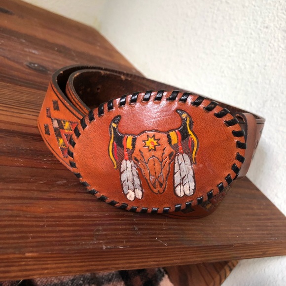 Vintage UNISEX COWBOY WESTERN TOOLED LEATHER BELT /BUCKLE Hand-painted & tooled main image 5
